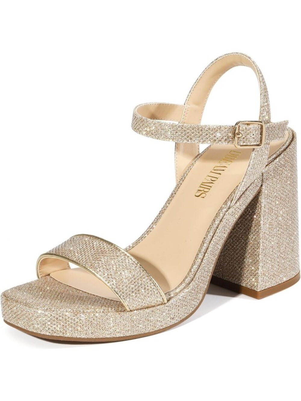 Women's Gold Glitter Faux Leather Chunky Block Heel Comfortable Party Sandals
